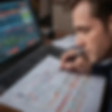 A close-up view of a sports analyst reviewing statistics and data