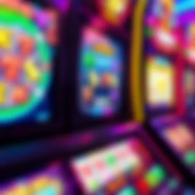 A close-up view of a colorful digital slot machine game interface with vibrant graphics