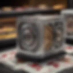 Close-up view of a five deck card shuffler in action