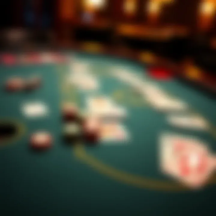 A detailed layout of a blackjack table with chips and cards