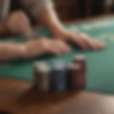 A close-up of poker chips and cards on a table during an intense game