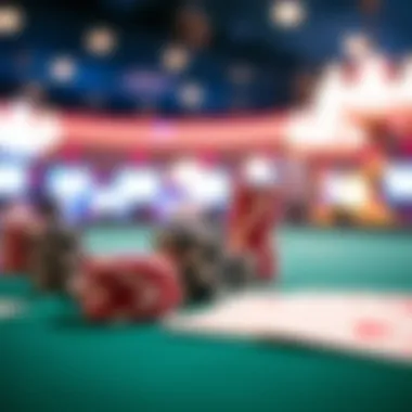 A close-up of poker chips and cards on a table