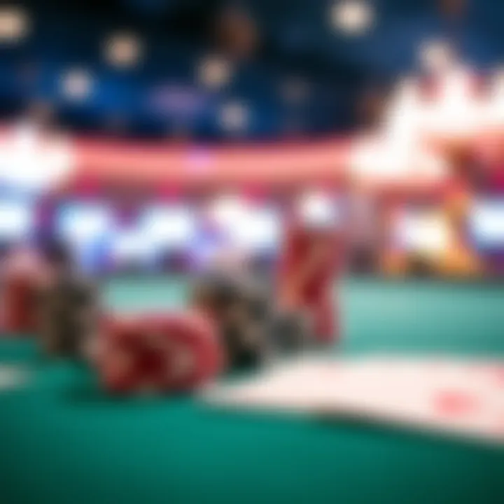 A close-up of poker chips and cards on a table