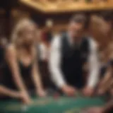 A casino dealer engaging with players at a blackjack table, showcasing dealer-player interaction.