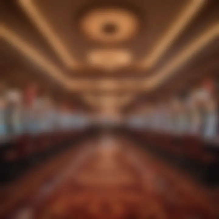 A panoramic view of a bustling casino floor, highlighting the unique atmosphere that dealers contribute to.