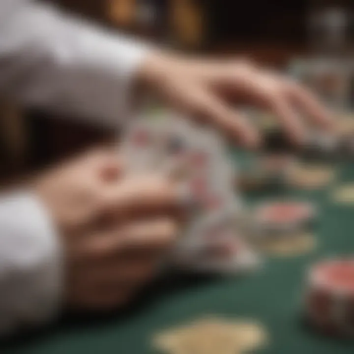 A close-up of a dealer shuffling cards, illustrating the skill and precision involved in their duties.